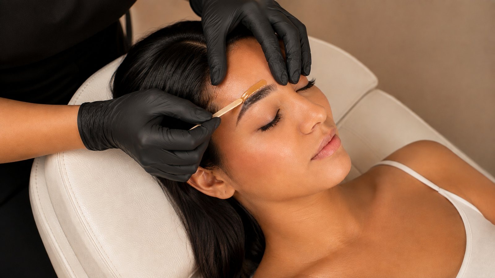 A reclined client having her brow shaped with warm wax on a wooden applicator.