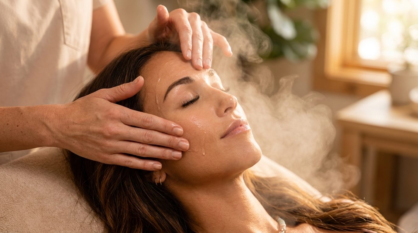 A calm facial in progress, warm steam and a provider's hands at the temples.